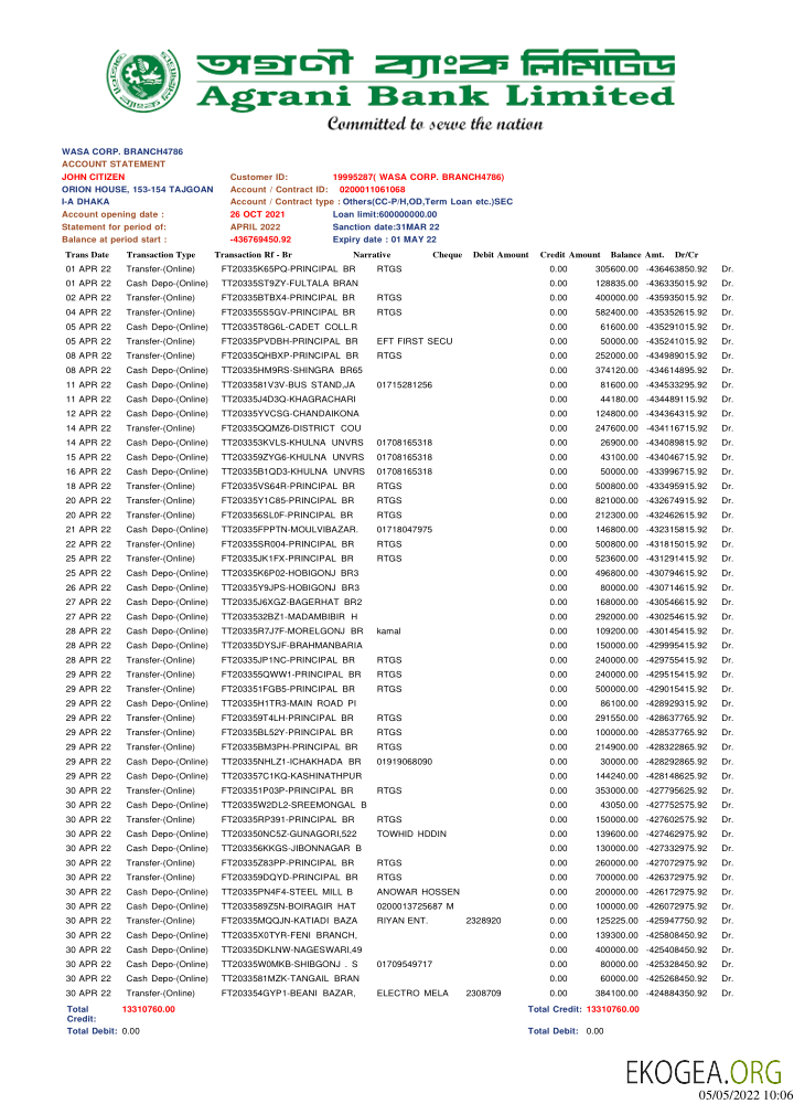 Relevé de la Banque Agrani du Bangladesh template